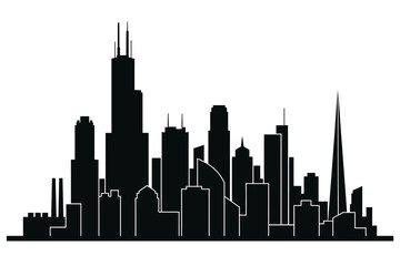 Solid Black Urban Skyline Silhouette Against Plain White - Dense Skyscrapers with Sharp Spire, Minimalist Vector Art for City Themes