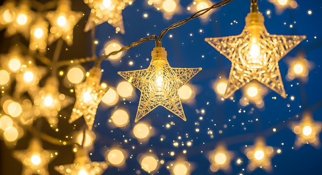 Glowing star shaped string lights illuminate a dark blue background with bokeh effect