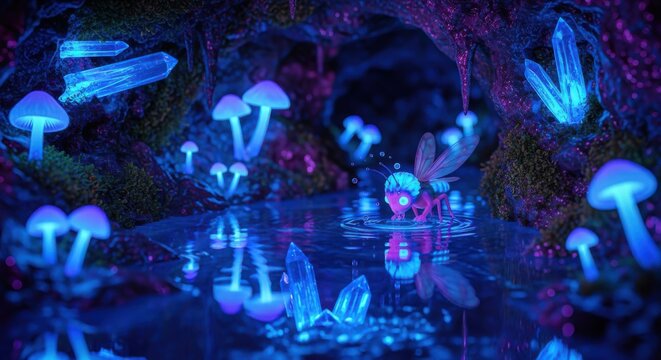 Bioluminescent fairy creature drinks water surrounded by glowing fungi and crystals in a dark cavern