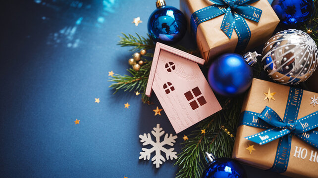 Festive holiday season with presents and ornament decorations on blue background - Powered by Adobe