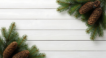 Christmas evergreen branches and pine cones on white wooden background