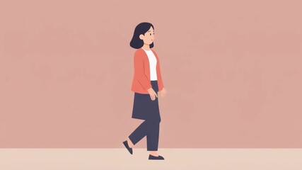An animated woman walking forward, wearing a casual outfit, against a pink background. - Powered by Adobe