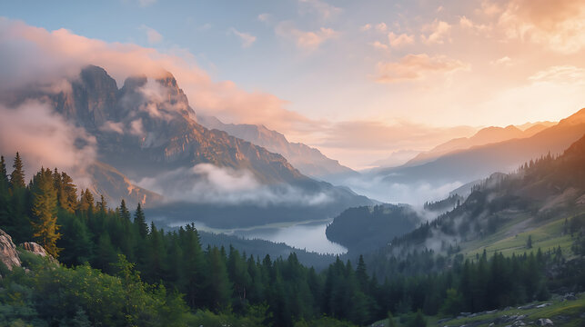 Sunrise over calm mountains with soft mist, vibrant colors, wide landscape, serene peaceful mood, ultra high resolution