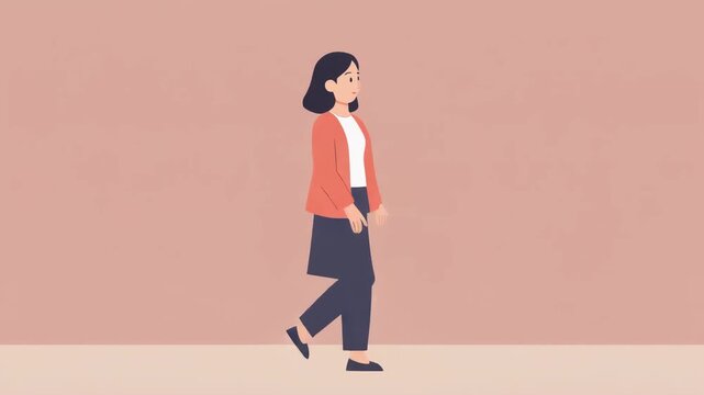An animated woman walking forward, wearing a casual outfit, against a pink background.