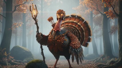 Warrior-style cartoon turkey with metallic copper and graphite feathers and glowing amber eyes standing heroically in a misty autumn forest