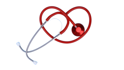 A red stethoscope and heart on a white background, symbolizing health, medicine, and cardiology care