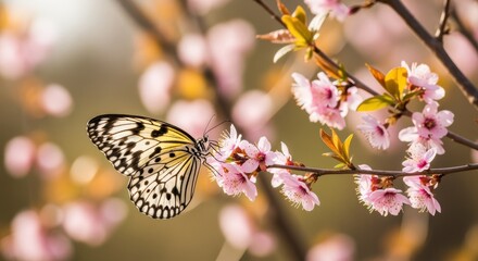 A delicate paper kite butterfly rests on a vibrant pink cherry blossom branch. The soft focus background adds a dreamy, ethereal feel to the serene natural scene.