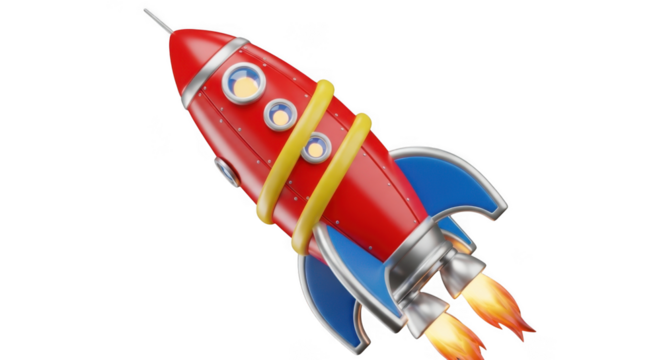 Retro red rocket ship launching with fiery exhaust against a dark expanse transparent background white background