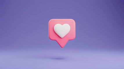 A pink speech bubble with a white heart floats against a purple background.