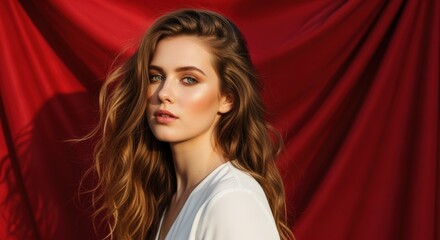 Naklejka premium Young woman with long wavy hair and elegant makeup poses against luxurious red fabric backdrop. Her sophisticated styling creates a timeless beauty portrait for fashion projects.