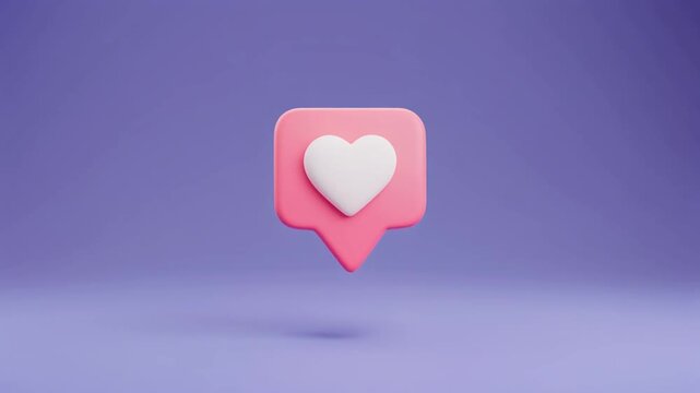 A pink speech bubble with a white heart floats against a purple background.