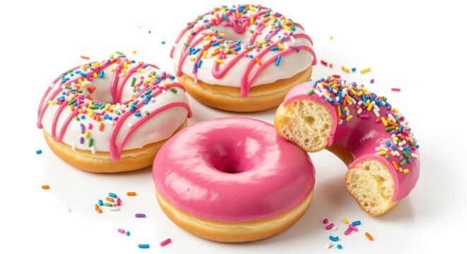 Vibrant display of freshly baked donuts with a variety of frostings and sprinkles, creating a tempting and visually appealing treat.