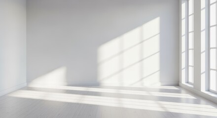 Obraz premium Bright, minimalist room with large windows letting in natural light. Neutral white walls and warm wooden floor create a serene, inviting space. Soft, linear shadows cast across the empty floor.