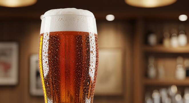 A close-up view of a frothy glass of amber-colored beer with a thick white head, set against a blurred background of a bar or pub interior.