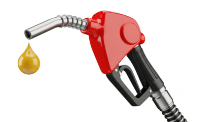 Fuel pump nozzle dispensing golden liquid droplet with black background transparent background white background