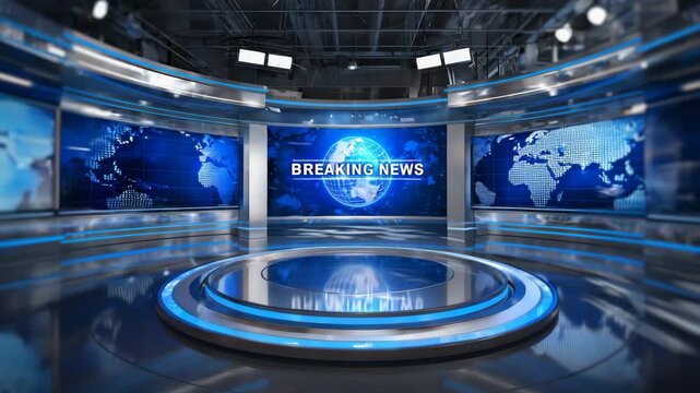 Modern Blue Breaking News Studio with Digital Screens