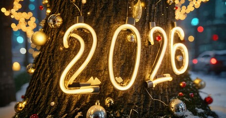 Bright neon digits display year 2026 on tree trunk. Festive lights, ornaments create warm holiday scene. Winter ambiance.