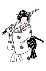 Japanese girl in kimono, geisha with katana With slogan, black and white, vector art, for poster, t shirt or other uses.