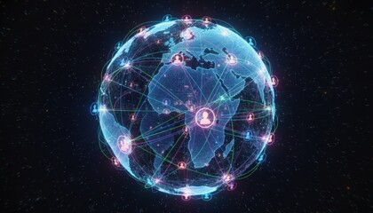 Global Social Network Visualization with Connected User Icons on Digital Earth Globe, Worldwide Communication Concept