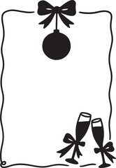 Elegant holiday border frame with festive christmas ornament and celebratory champagne flutes toast for new year's eve celebration isolated on white background, Vector, illustration