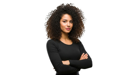 Portrait of a confident woman with curly hair in a black hoodie with arms crossed transparent background white background