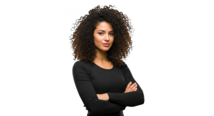 Portrait of a confident woman with curly hair in a black hoodie with arms crossed transparent background white background