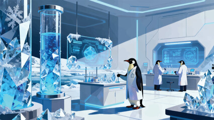 Fototapeta premium Illustration Of A Futuristic Laboratory Of Polar Ice, Managed By Penguin Scientists Vector Design Template