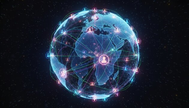 Global Social Network Visualization with Connected User Icons on Digital Earth Globe, Worldwide Communication Concept