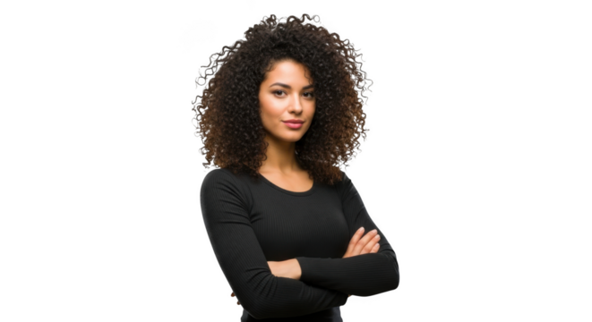 Portrait of a confident woman with curly hair in a black hoodie with arms crossed transparent background white background
