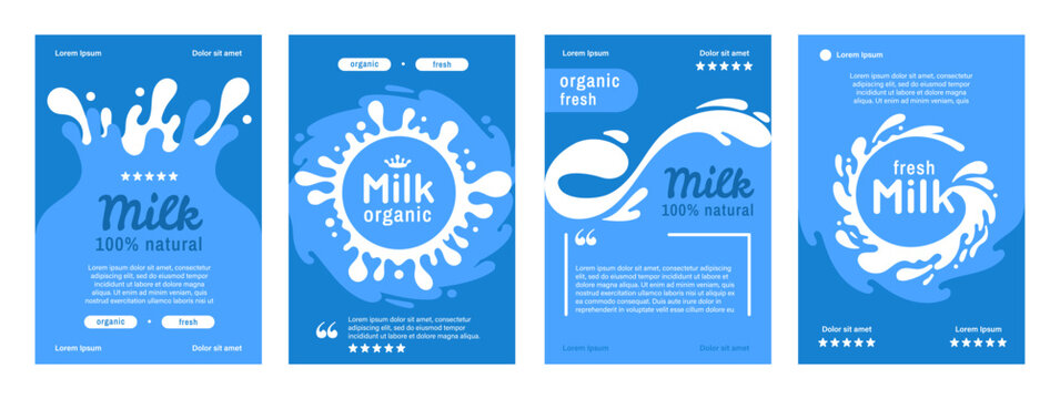 Cow white milk splashes with letters. Milk silhouette flows Isolated white fresh farm goat milks logos. White milk splash drops labels with lettering. Fresh, Milk 100% natural