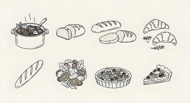 A set of French cuisine line icons. Includes hand-drawn illustrations of a vegetable and meat stew, bread, salad, and a sweet tart. Perfect for representing gourmet recipes and restaurant menus.