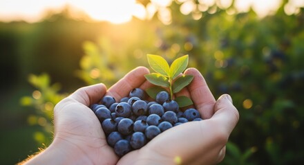 Close-up of cupped hands holding fresh blueberries in a field with warm golden hour sunset light and a blurred background
