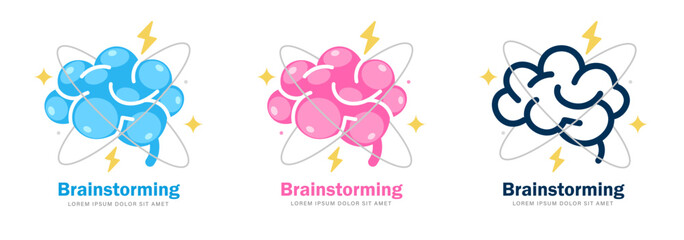 Brainstorm color banner. Idea generation concept, develop new idea. Solution to solve problem with Brainstorm. Thinking process to generate creativity. Moving Atom in Brain.