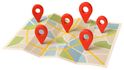 Folded paper map with six red location pins on white background navigation marker isolated on a transparent background