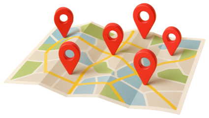 Folded paper map with six red location pins on white background navigation marker isolated on a transparent background