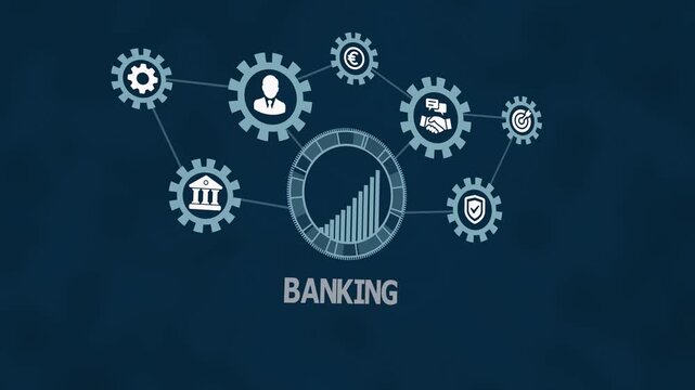 Digital banking technology innovation and modern financial service transformation with security gears, transaction icons, and smart operational structure.