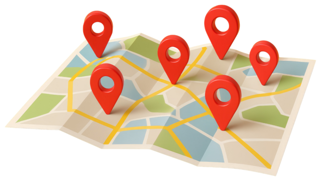 Folded paper map with six red location pins on white background navigation marker isolated on a transparent background
