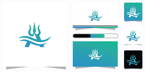 Modern Blue Letter A Trident Wave Logo Design, Corporate Branding Business Card Mockup on Isolated White Background