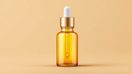 Photorealistic amber glass dropper bottle with gold cap and white rubber top, perfect for cosmetic or essential oil packaging