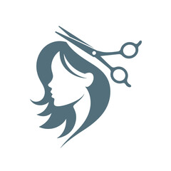 Stylized silhouette of a woman s head with scissors