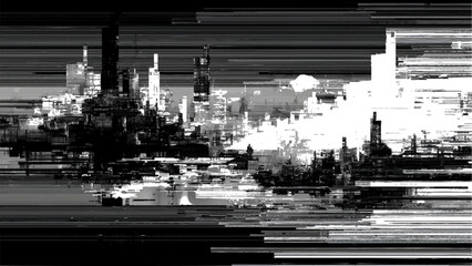 Monochrome abstract city skyline with data stream visual error effect. isolated on transparent background, Vector, illustration