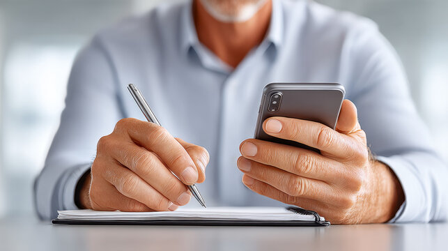 Close up of person holding smartphone in one hand and writing with pen on notebook, showing focus and multitasking skills