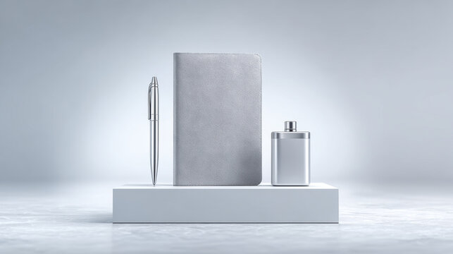 Sleek silver pen, gray leather notebook, and metallic flask are displayed on white platform with soft gradient background, evoking calm and focus