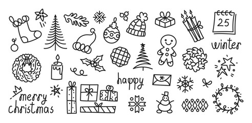 Christmas doodle hand drawn decor. Set of snowman, gingerbread, hat, sock, gift, reindeer, holly, christmass tree, lettering. Merry Christmas and Winter season festival, holiday collection for kids