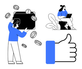 Digital wallet concept. A person managing mobile payments, coins, and digital currency, secure transactions. Digital wallet use is key for e-commerce, fintech, remote work, and online platforms