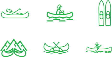 Green line art depicting outdoor activities and sports including kayaking skiing canoeing mountains and paddling across a body of water creating a visually appealing recreation related image
