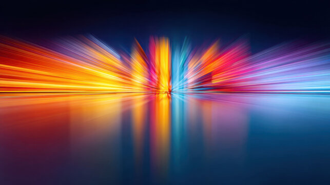 Abstract colorful light streaks with motion blur effect reflecting on smooth surface, creating vibrant dynamic energy and futuristic atmosphere