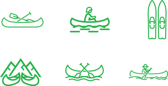 Green line art depicting outdoor activities and sports including kayaking skiing canoeing mountains and paddling across a body of water creating a visually appealing recreation related image