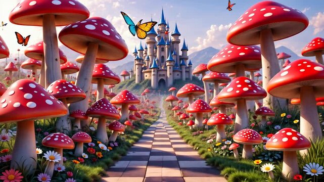 A fantasy wonderland landscape with giant red mushrooms and a checkered path leading to a blue magic castle. Fairy tale background with flying butterflies, 4K video animation. 
