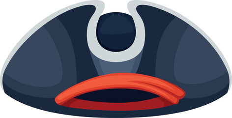A cartoonish pirate hat with a red band and a black brim